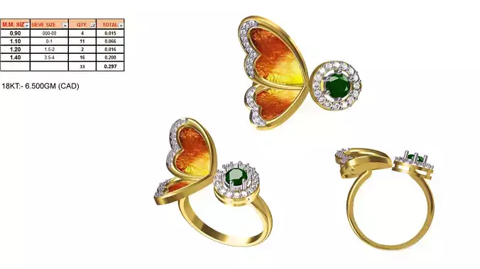Butterfly Shaped Round Halo Ring With Emerald 3D print model