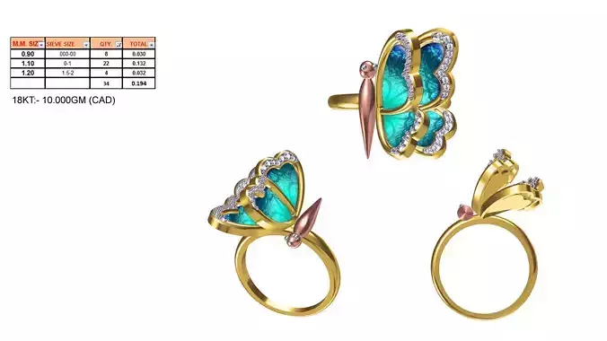 Butterfly Shaped Gold Ring With Diamonds 3D print model