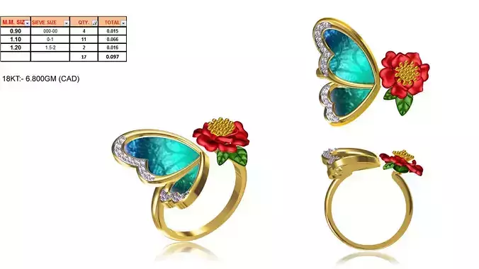 Butterfly Shaped Floral Gold Ring With Diamonds 3D print model
