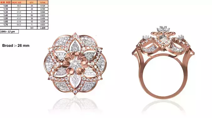 Large Flower Shaped Rose Gold Ring With Diamonds