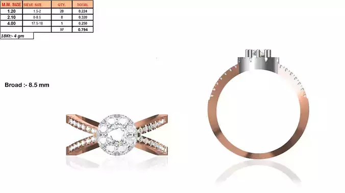 Criss Cross Rose Gold Ring With Diamonds 3D print model