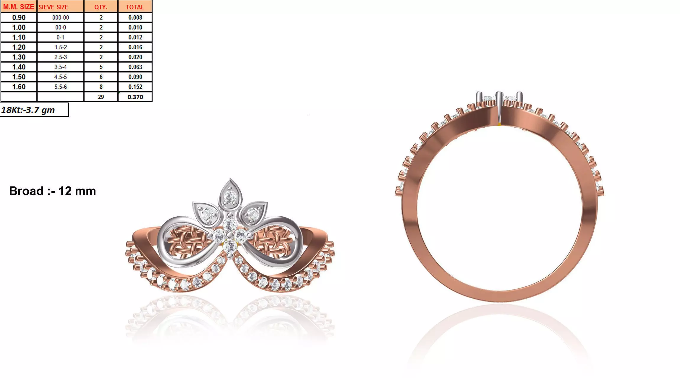 Floral Bent Rose Gold Ring With Diamonds 1 3D print model