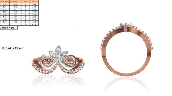 Floral Bent Rose Gold Ring With Diamonds 1 3D print model