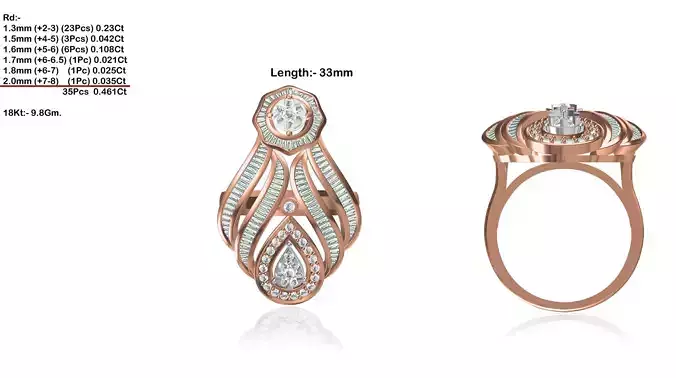 Drop Shaped Rose Gold Ring With Diamonds 3D print model