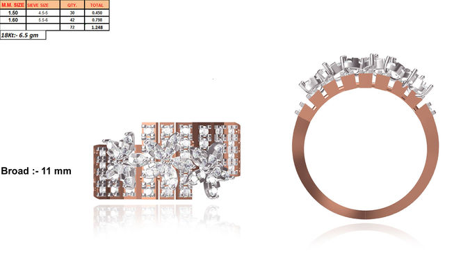 Wide Floral Rose Gold Ring With Diamonds 3D print model