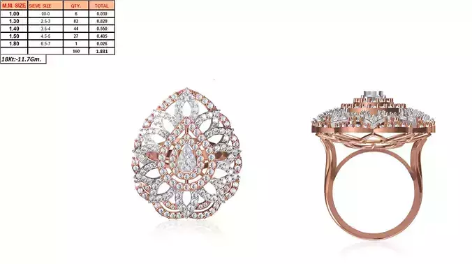 Large Drop Shaped Rose Gold Ring With Diamonds
