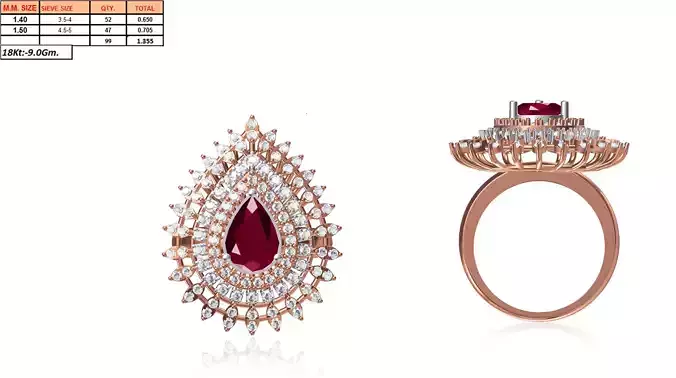 Large Drop Shaped Rose Gold Ring With Gem