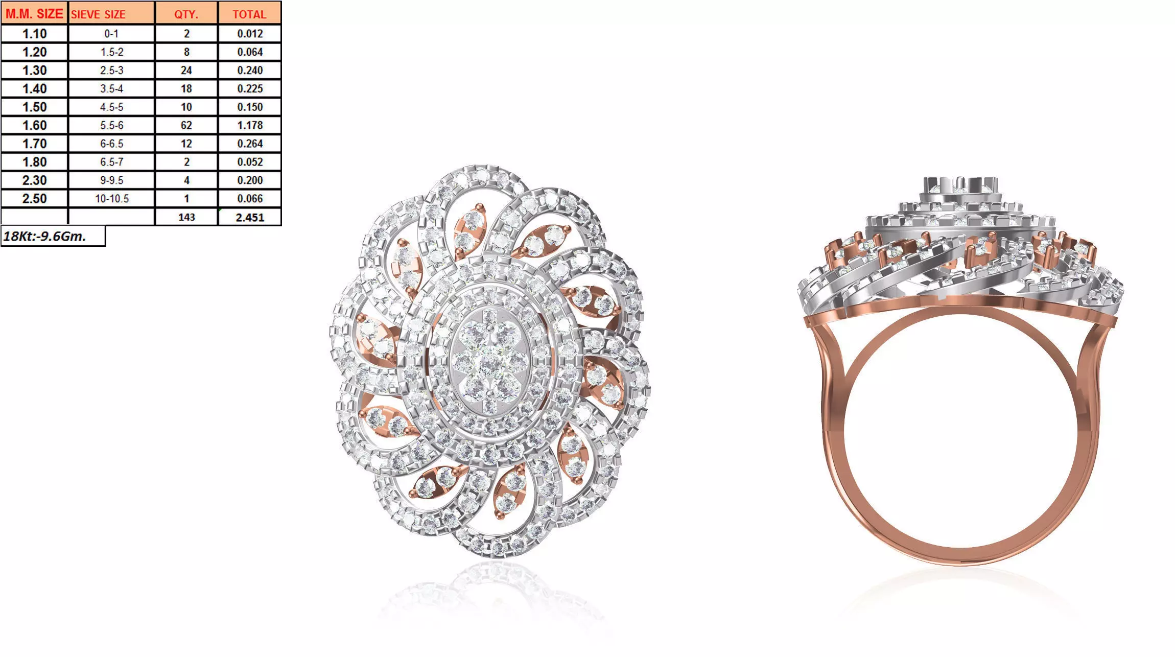 Large Flower Shaped Multi Metal Ring With Diamonds 3D print model