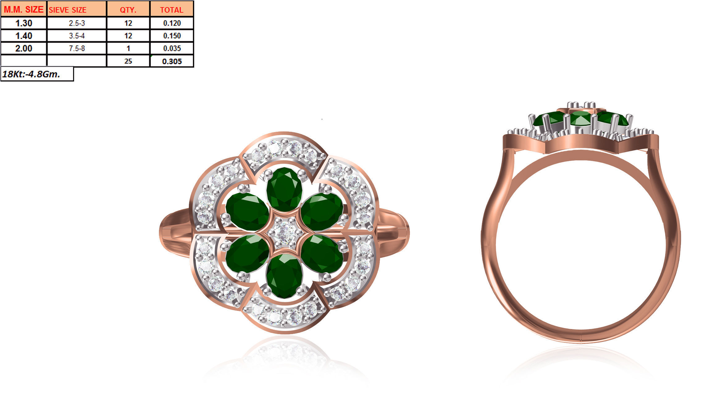 Flower Shaped Rose Gold Ring With Emerald 3D print model