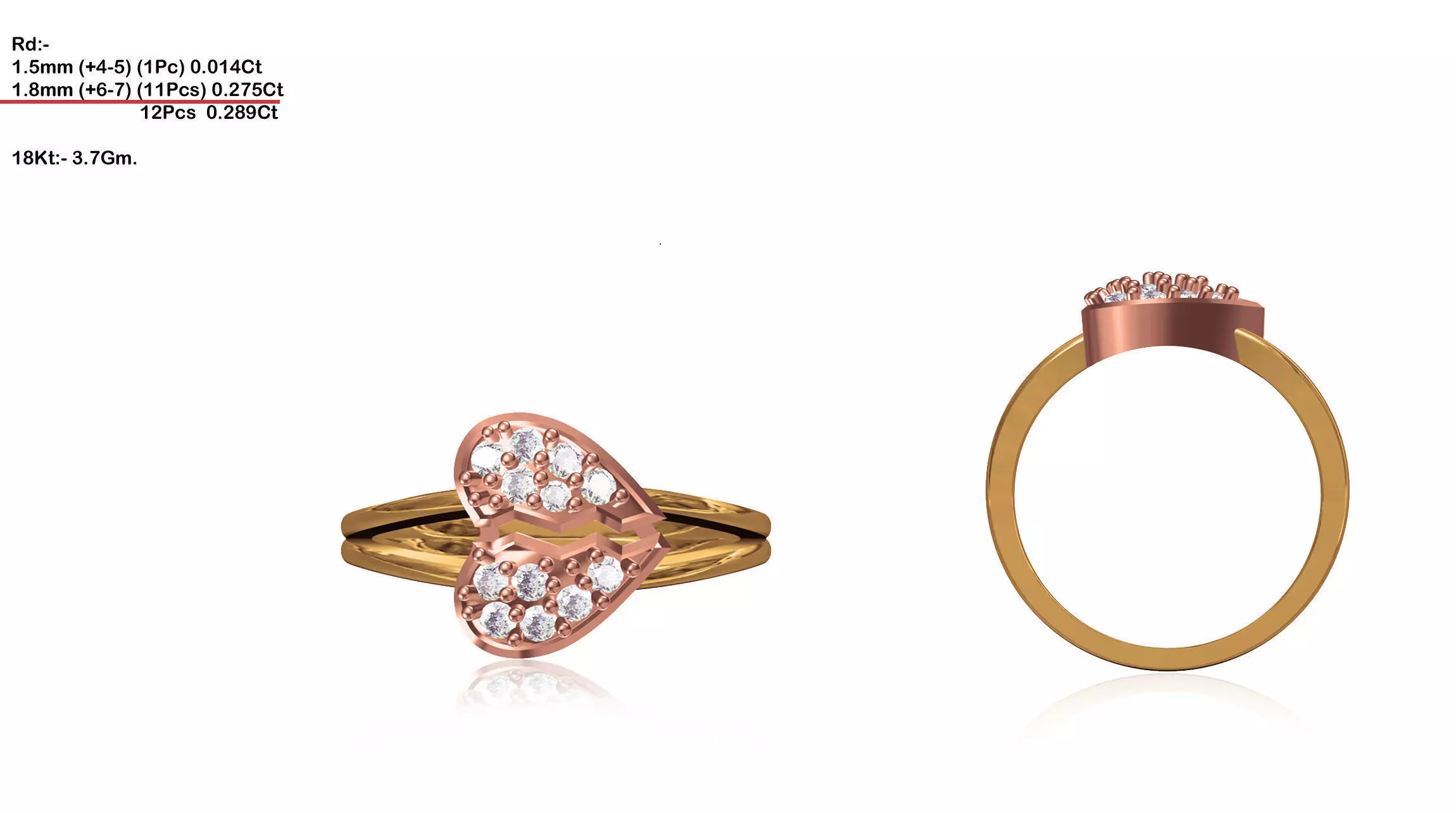 Heart Shape Multi Metal Ring With Diamonds 3D print model