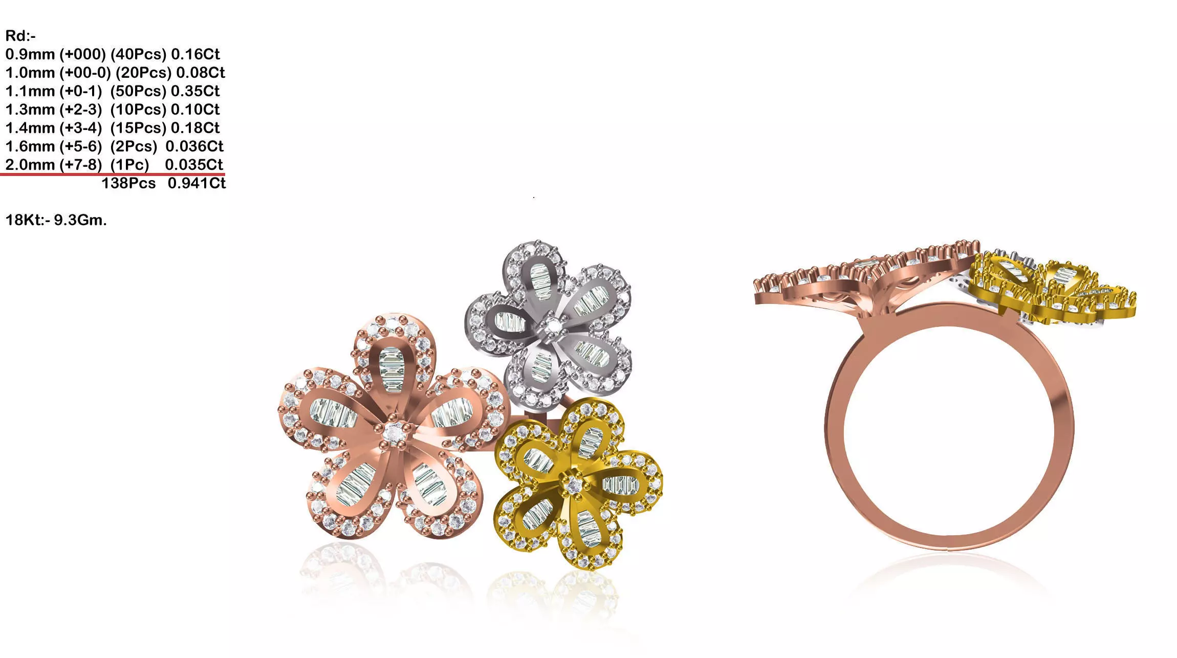 Multi Metal Flower Shaped Ring With Diamonds 3D print model