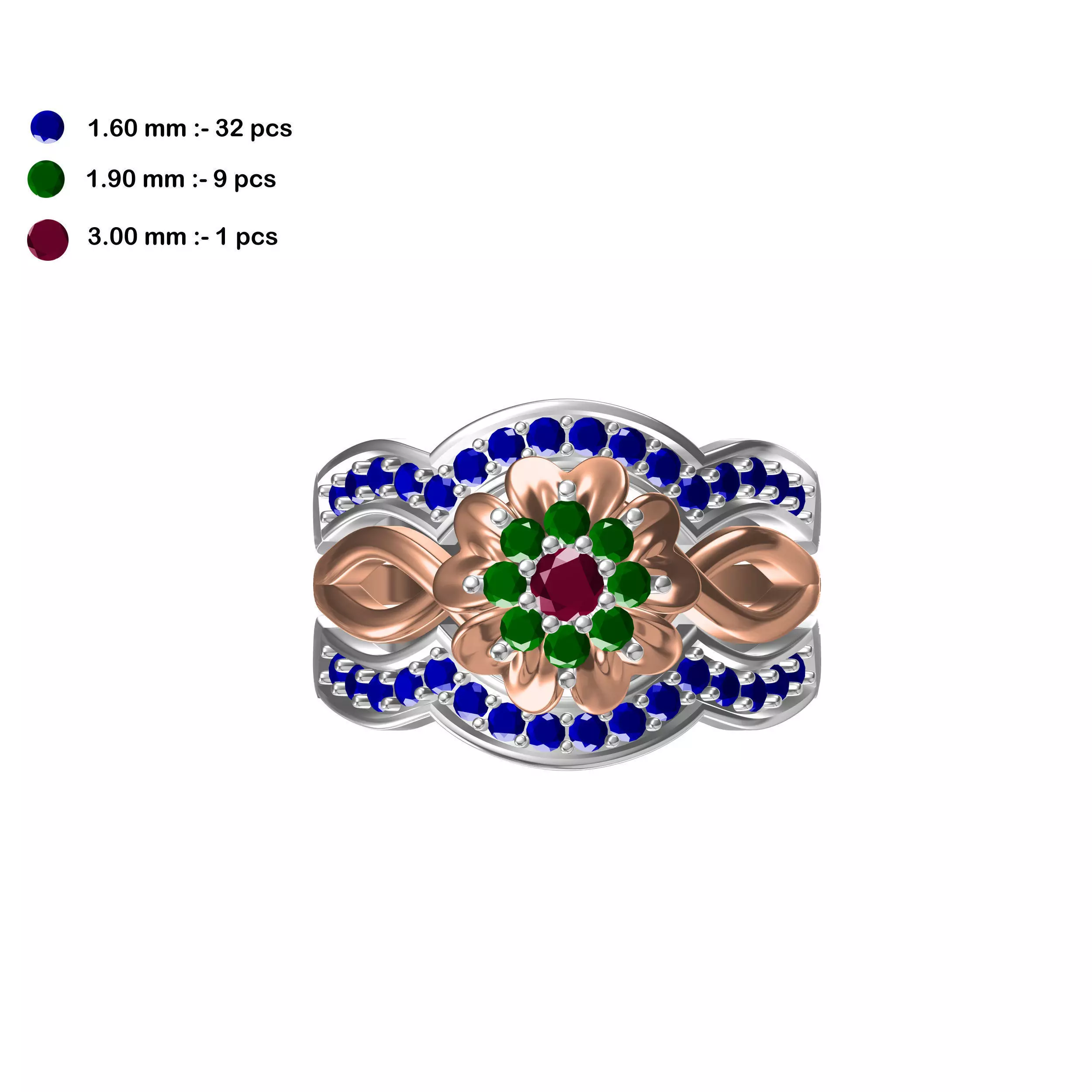 Wide Multi Metal Floral Ring With Gemstones 3D print model