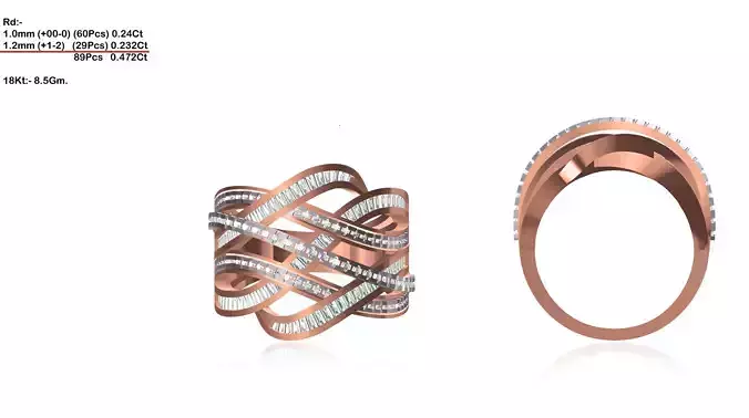 Wide Criss Cross Rose Gold Ring With Diamonds