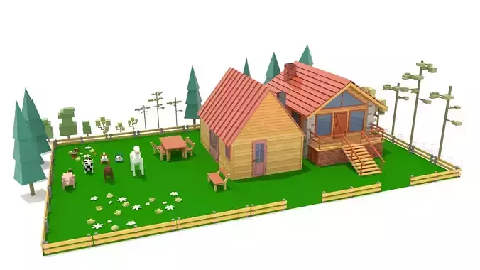 Cartoons Houses and Animals low-poly model