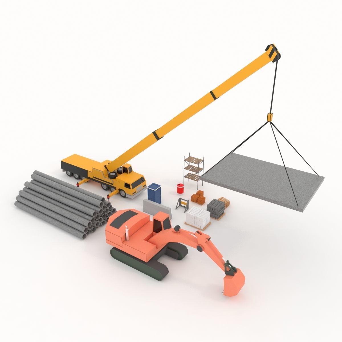 Collection building machinery and materials Stylized lowpoly Low-poly 3D model_8