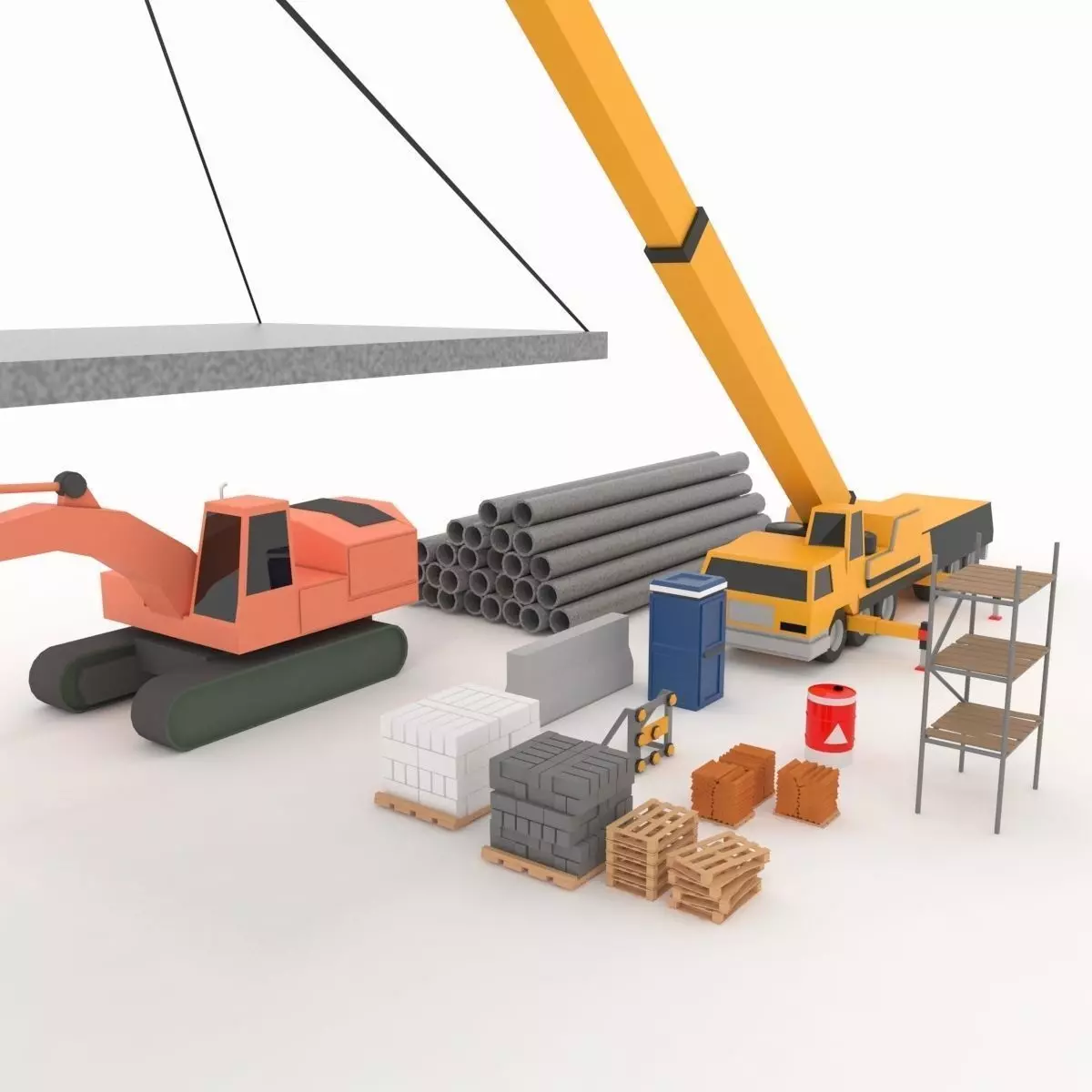 Collection building machinery and materials Stylized lowpoly Low-poly 3D model_0
