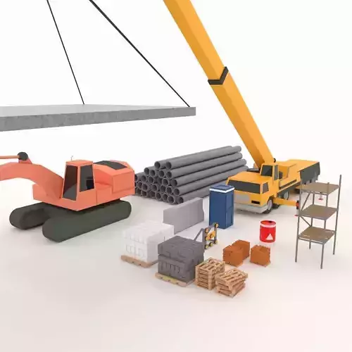 Collection building machinery and materials Stylized lowpoly Low-poly 3D model