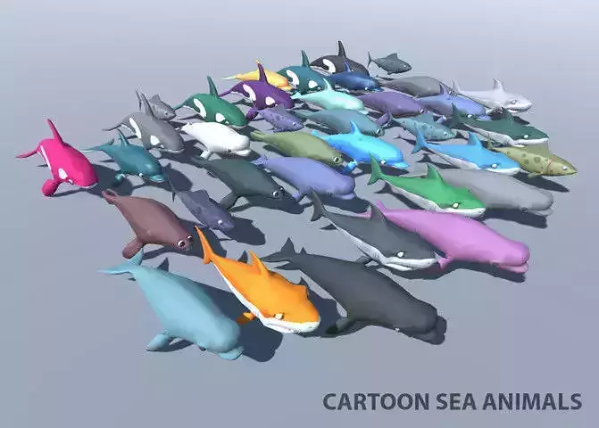 Shark dolphin and other sea animals Low-poly 3D model