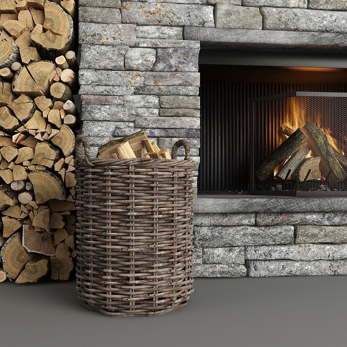 Stone Fireplace and Decor 3D model_3
