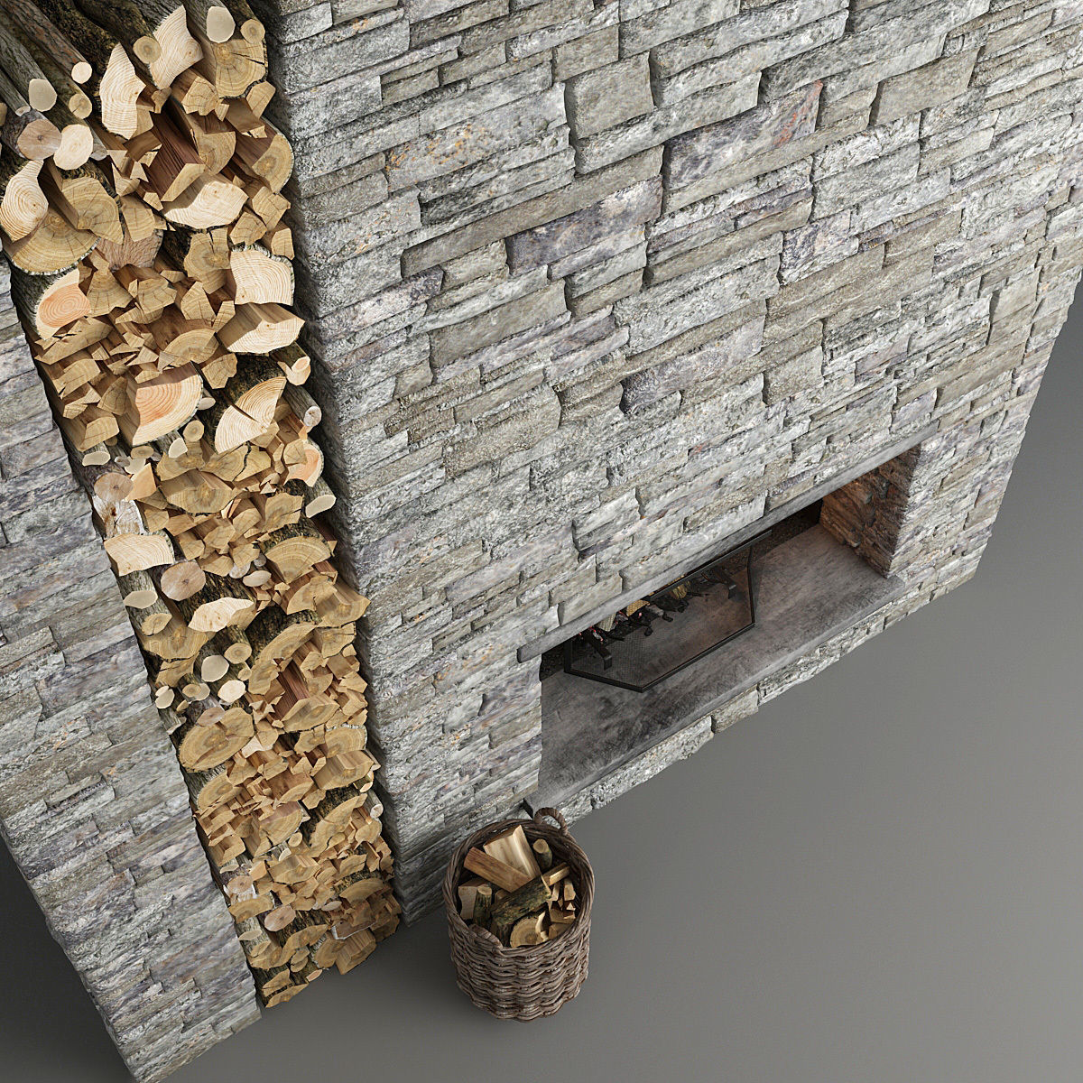 Stone Fireplace and Decor 3D model_8