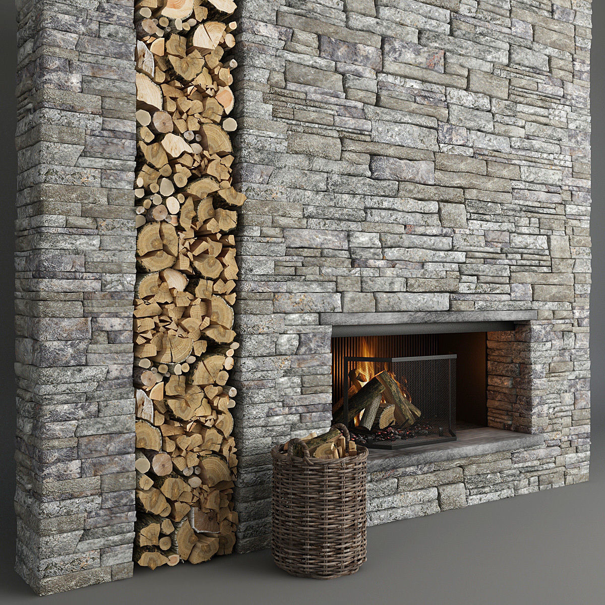 Stone Fireplace and Decor 3D model_5