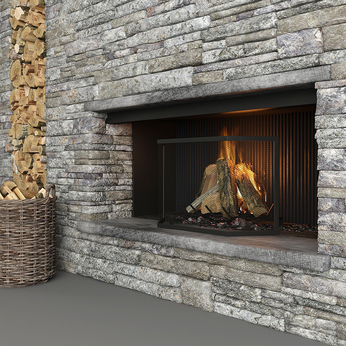 Stone Fireplace and Decor 3D model_4