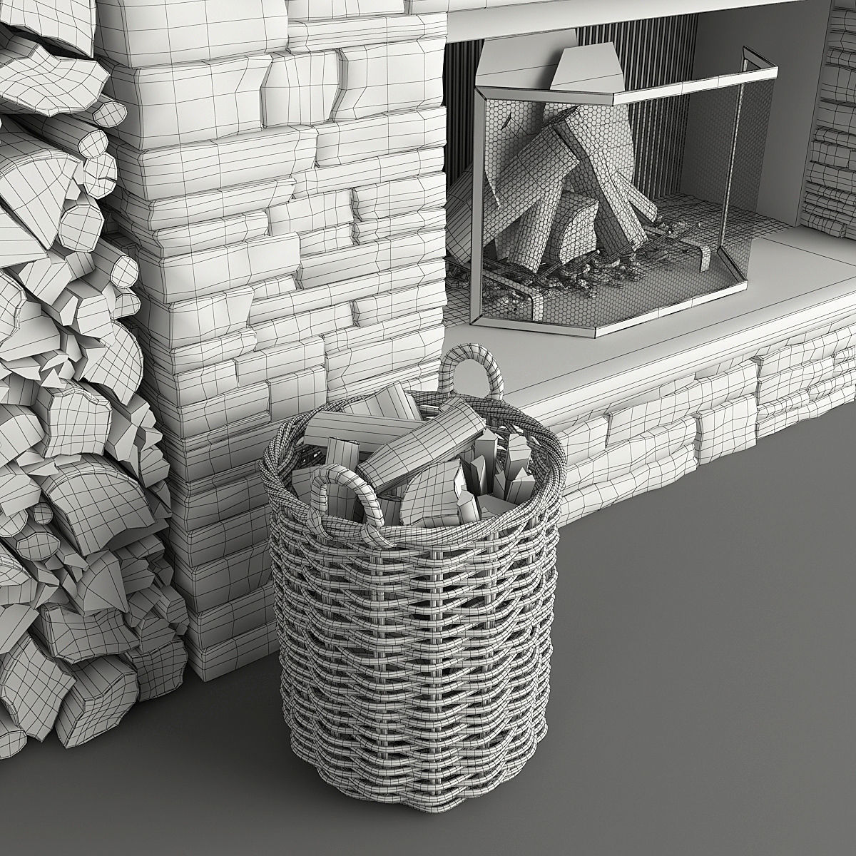 Stone Fireplace and Decor 3D model_9