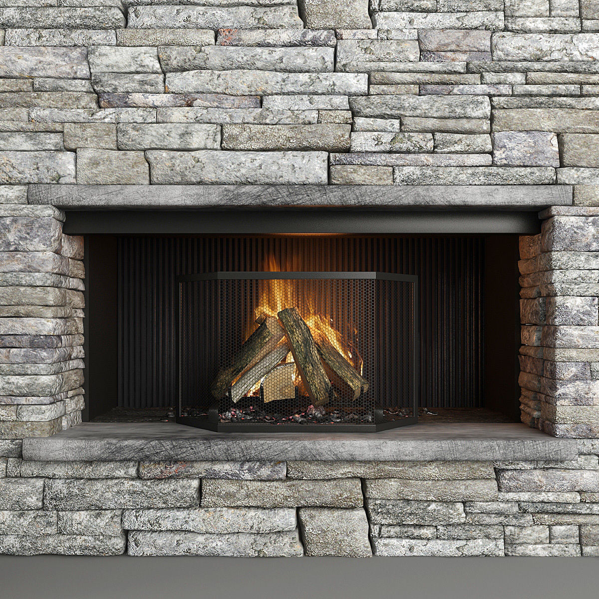 Stone Fireplace and Decor 3D model_2