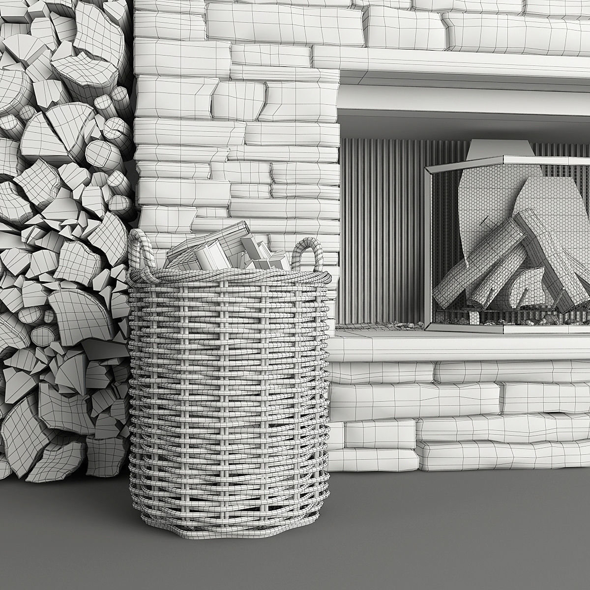 Stone Fireplace and Decor 3D model_10