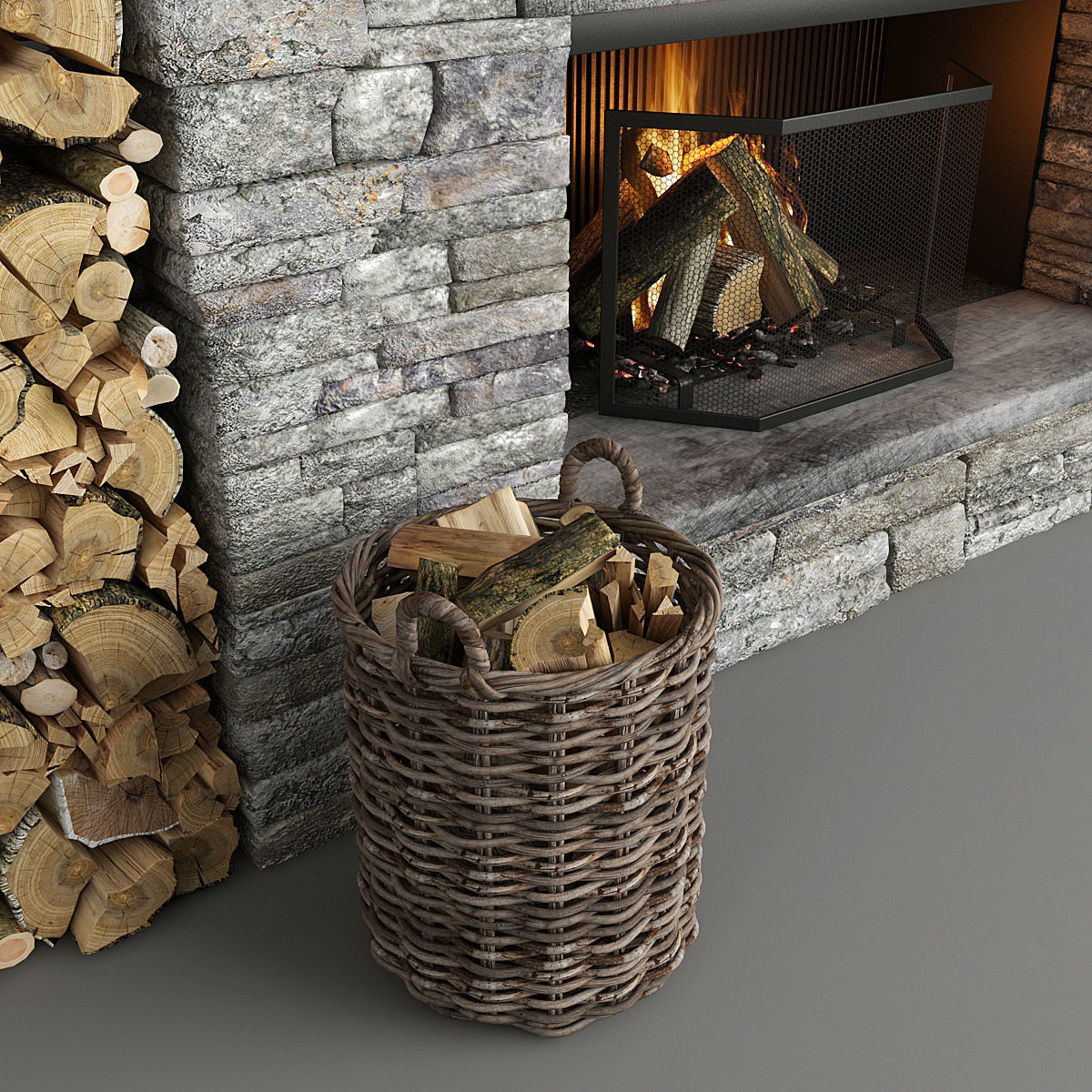 Stone Fireplace and Decor 3D model_6