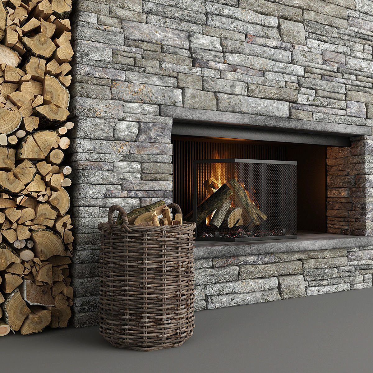 Stone Fireplace and Decor 3D model_1