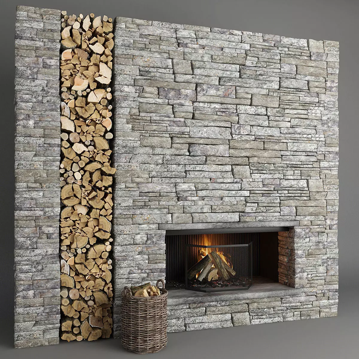 Stone Fireplace and Decor 3D model_0