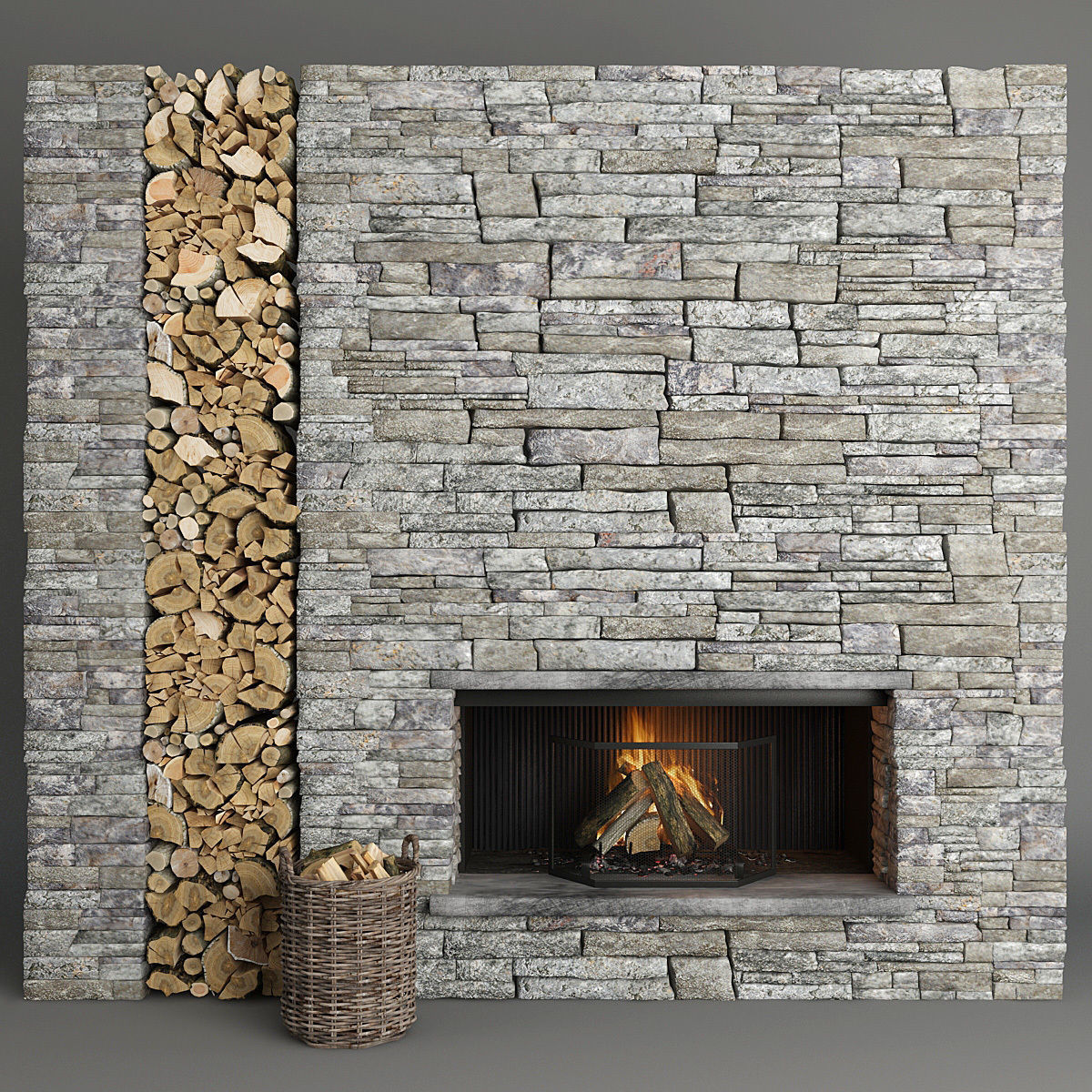 Stone Fireplace and Decor 3D model_7