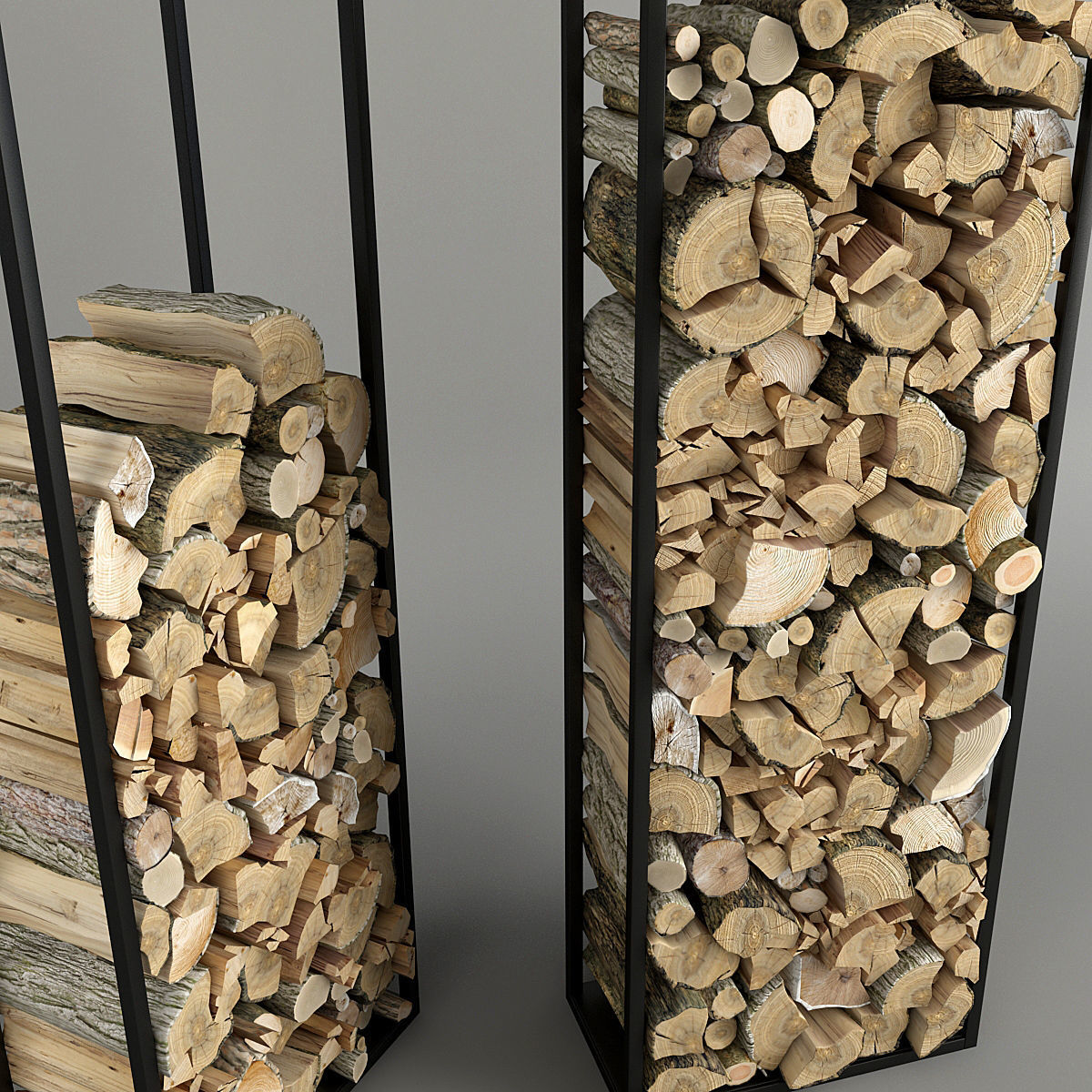 Firewood stacked logs in metal frame 3D model_1