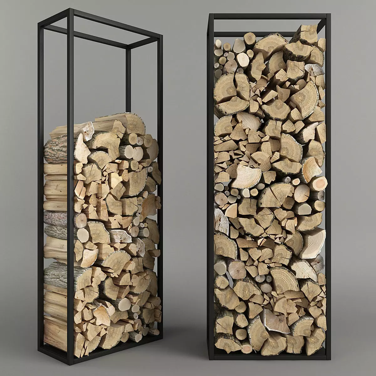 Firewood stacked logs in metal frame 3D model_0