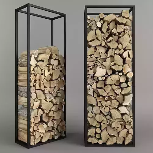 Firewood stacked logs in metal frame
