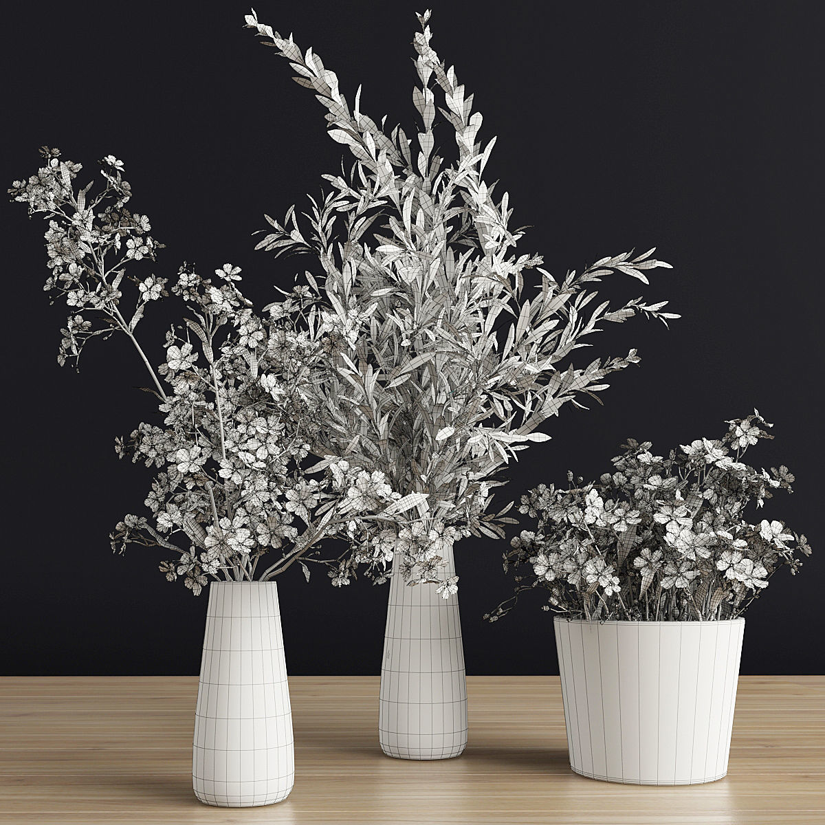 Plants Set three concrete vases with flowers 3D model_6