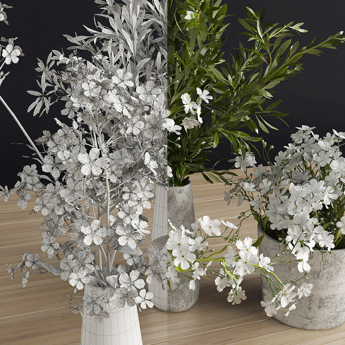Plants Set three concrete vases with flowers 3D model_5