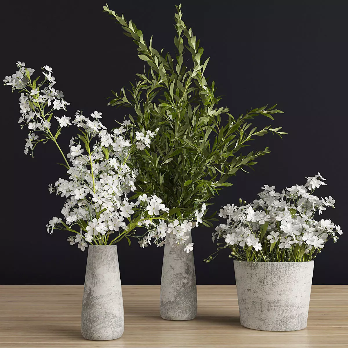 Plants Set three concrete vases with flowers 3D model_0
