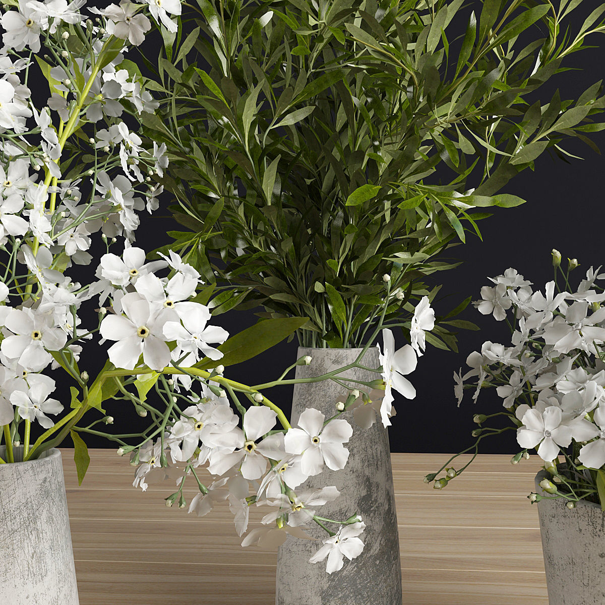 Plants Set three concrete vases with flowers 3D model_2