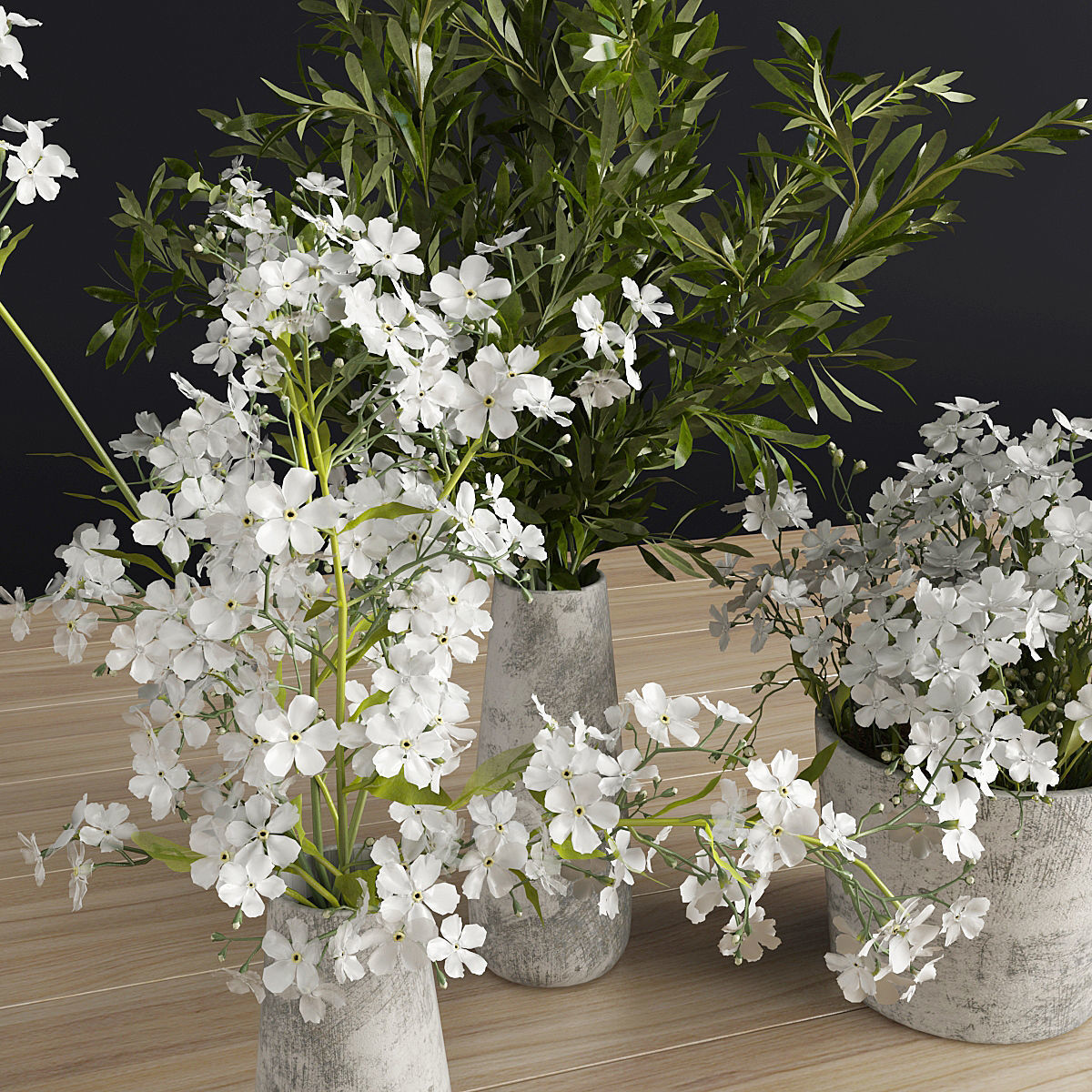 Plants Set three concrete vases with flowers 3D model_1