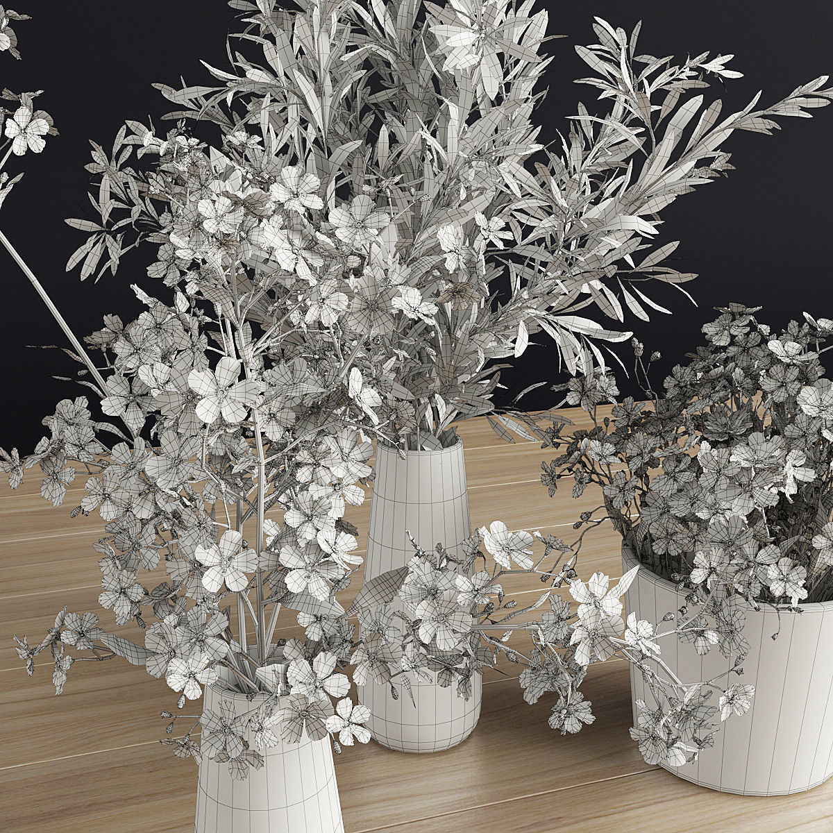 Plants Set three concrete vases with flowers 3D model_7