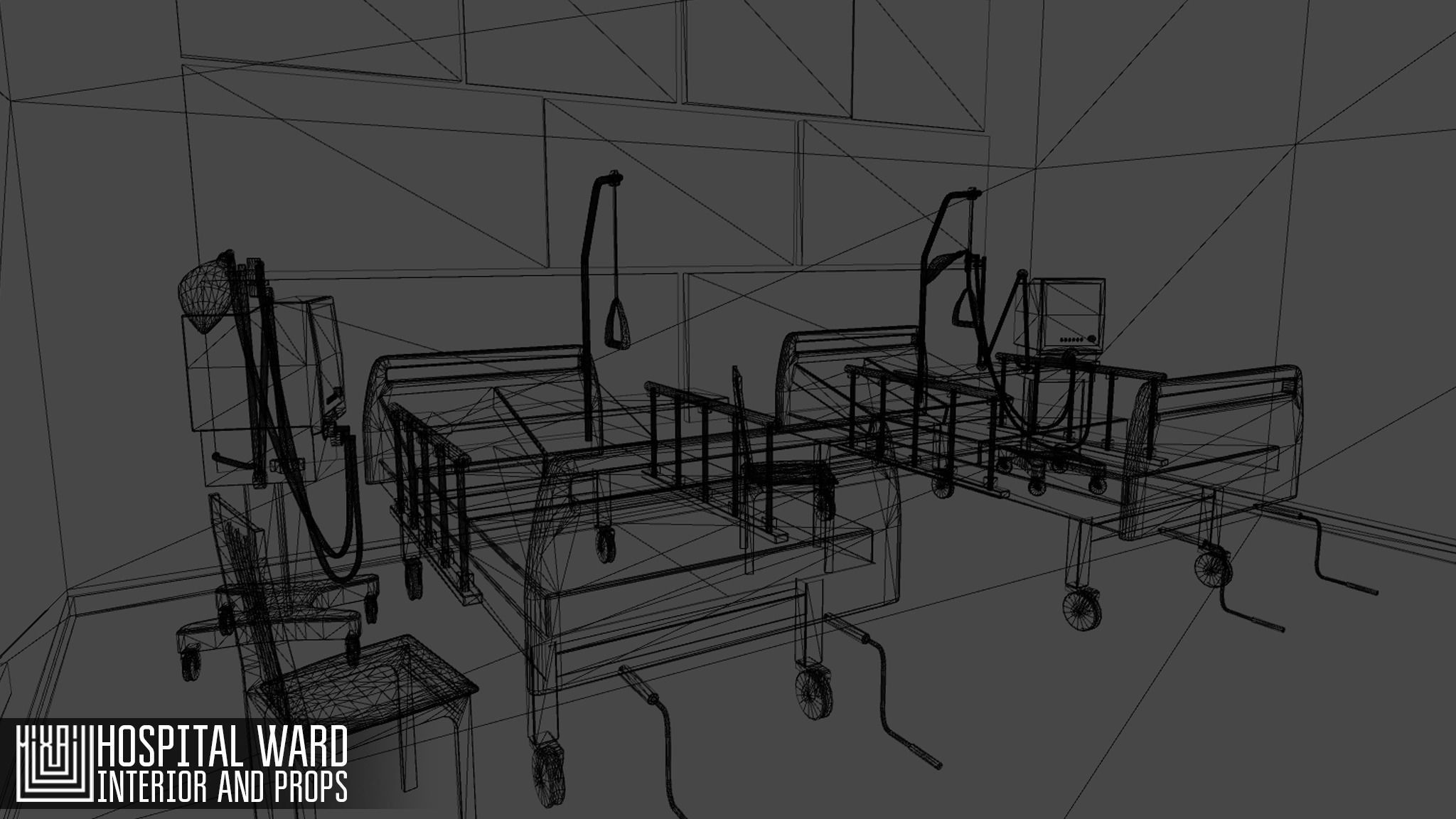 Hospital ward - interior and props Low-poly 3D model_1