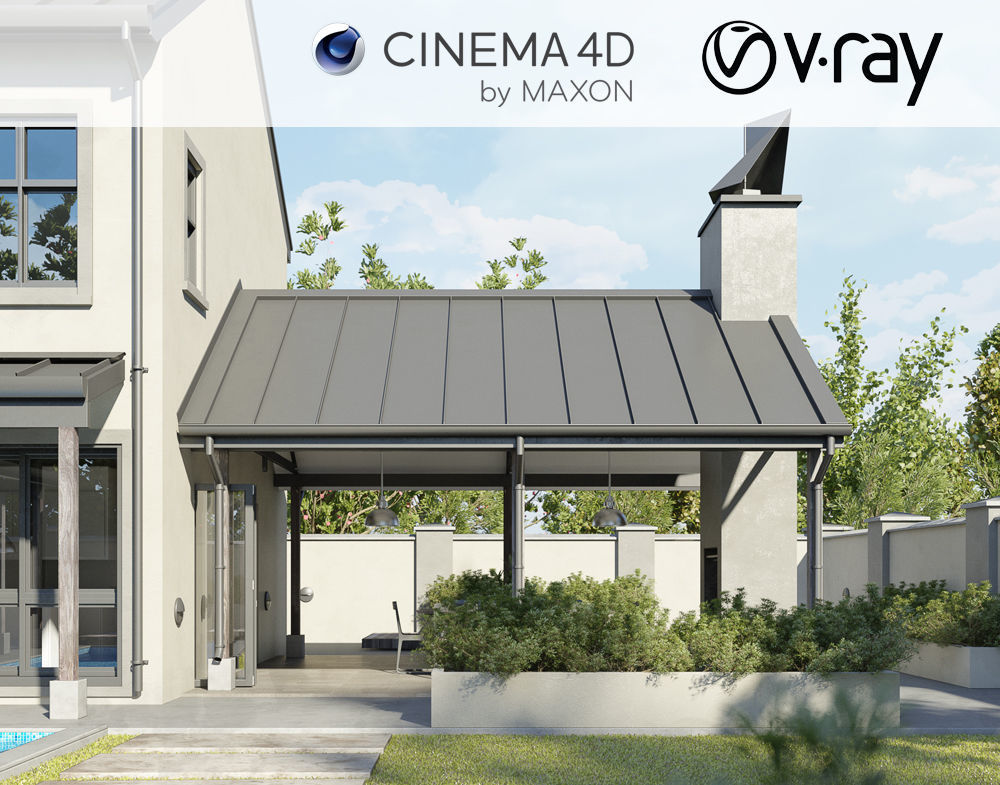 VRay - C4D scene files Modern Farmhouse Exterior 3D model_0