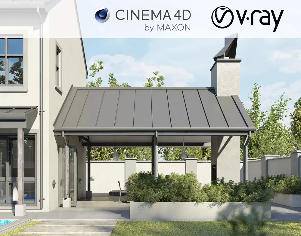 VRay - C4D scene files Modern Farmhouse Exterior 3D model_0