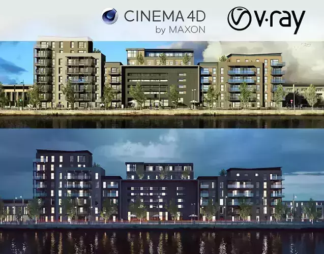 VRay - C4D files Waterfront Exterior Scene 3D model