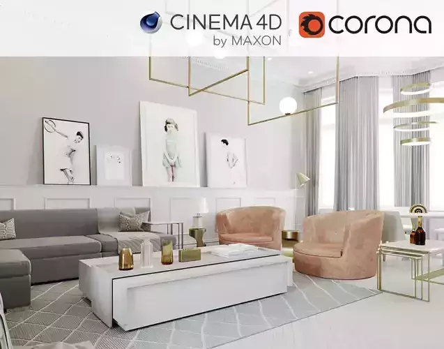 Corona - C4D Scene files - Drawing Room Interior Scene 3D model