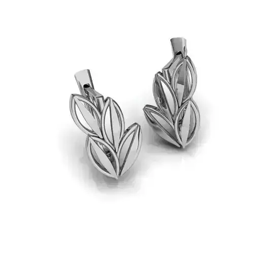 Leaf Shaped Silver Earrings With Diamonds