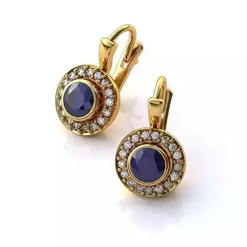 Round Shaped Gold Halo Earrings With Sapphire