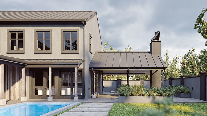Corona - C4D scene files - Modern Farmhouse Exterior 3D model 3D model 4